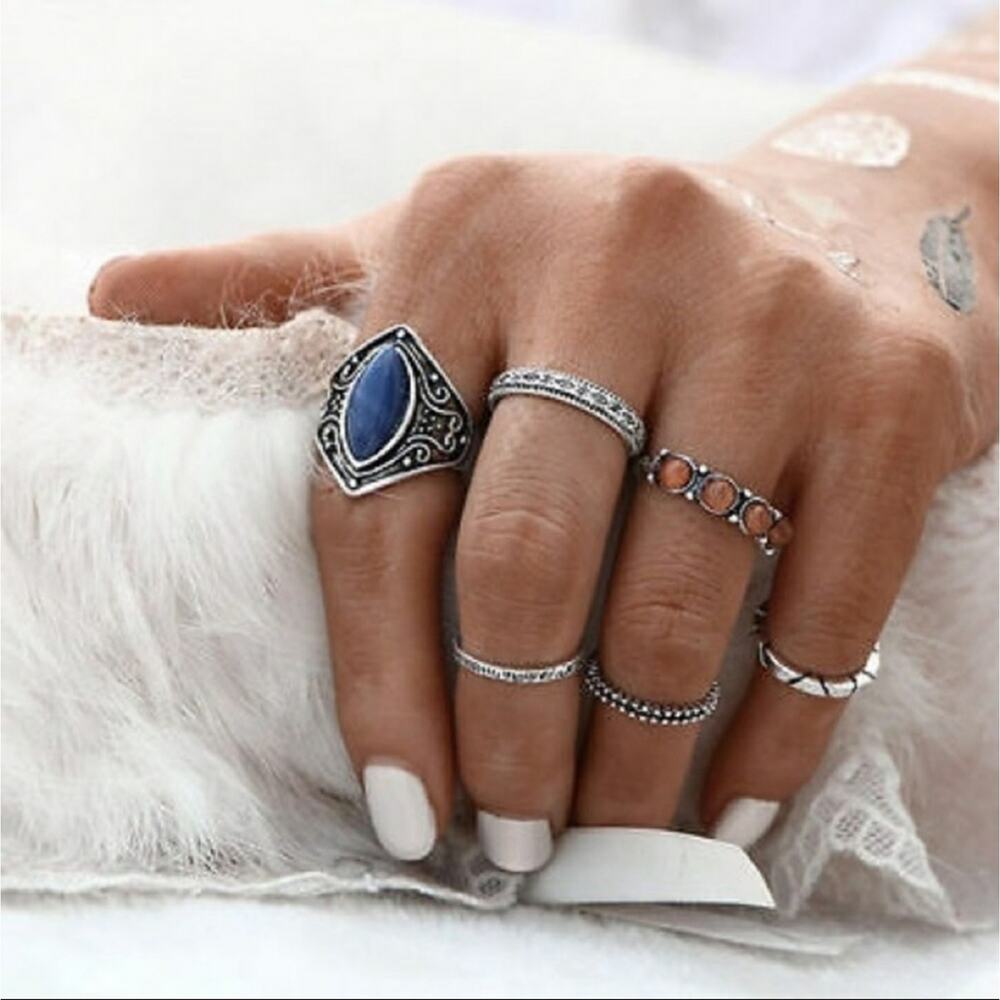 Set of 6 delicate engraved midi rings silver blue orange sizes 1.5/5/6